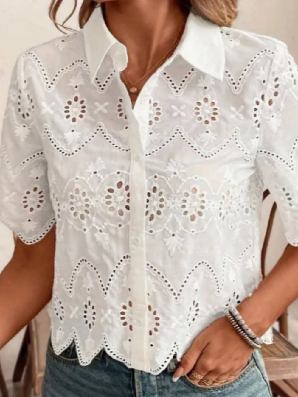 Women's Elegant White Short Sleeve Shirt Casual Polyester Blouse Top